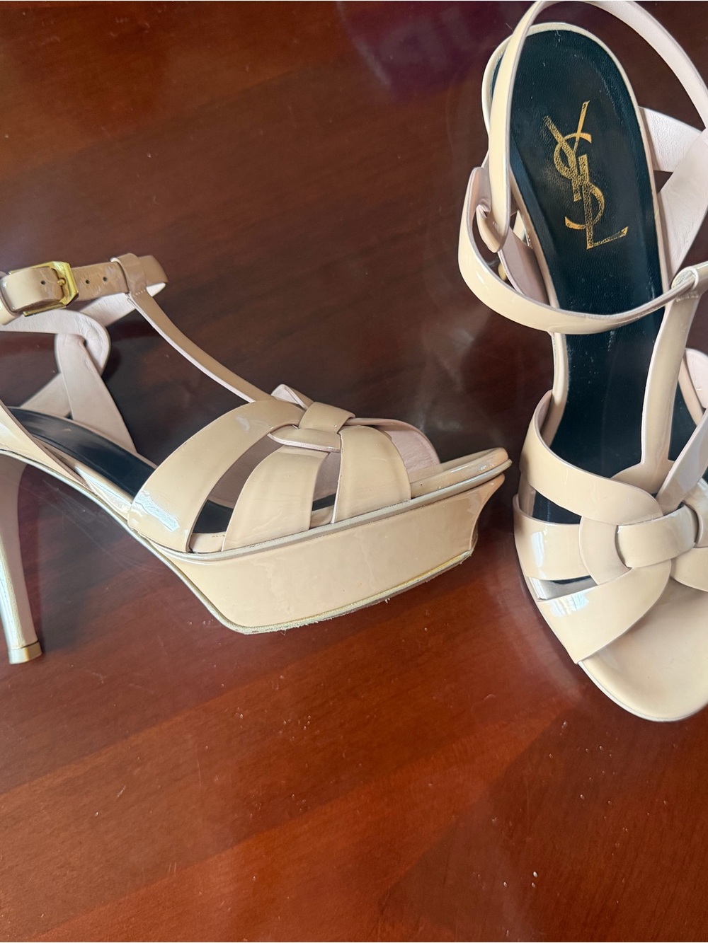 Saint Laurent Tribute Nude Patent Leather Knotted Platform Sandals